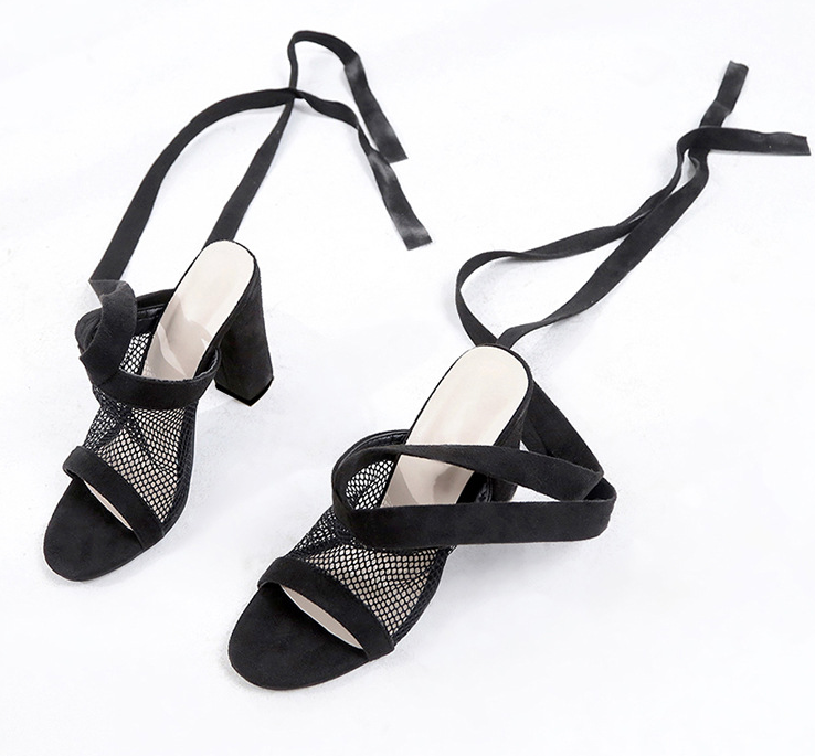 Women Sandals Bandage Flock Cross Strap Lace Up High Heels Sandal