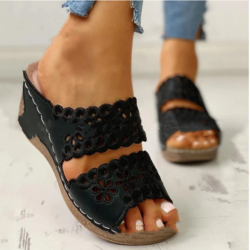 Platform Wedge Sheos Embroidered Hollow Half Slippers Summer Sandals Women