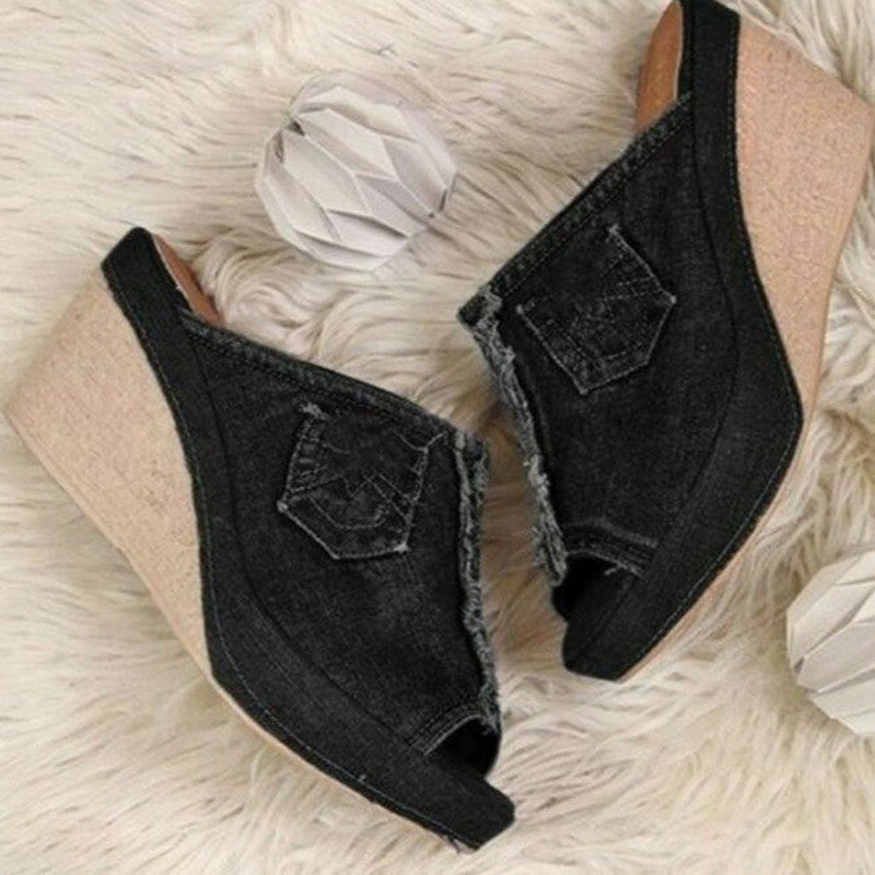 Summer Women Slippers Denim Fish Mouth Shoes Platform High-Heeled Wedge Sandals