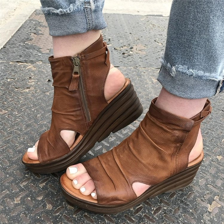 Sandals Women Wedge Heel Side Zipper Ruffled Surface