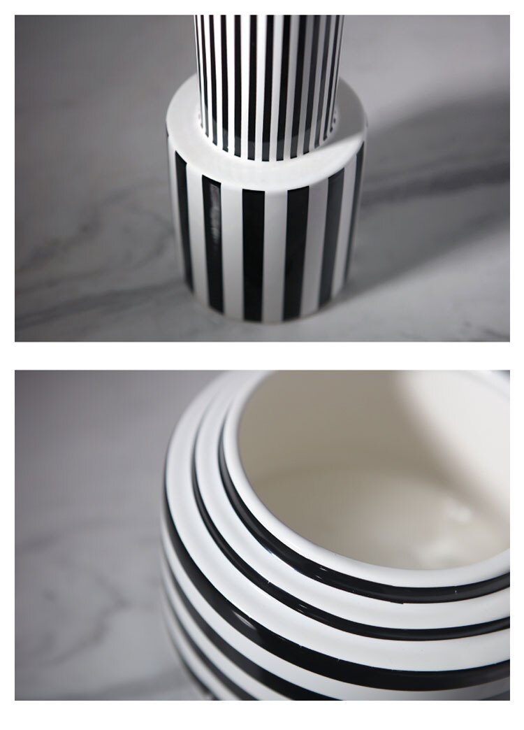 Black and white striped ceramic vase