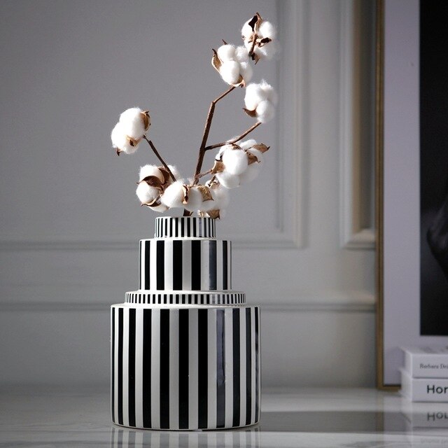 Black and white striped ceramic vase