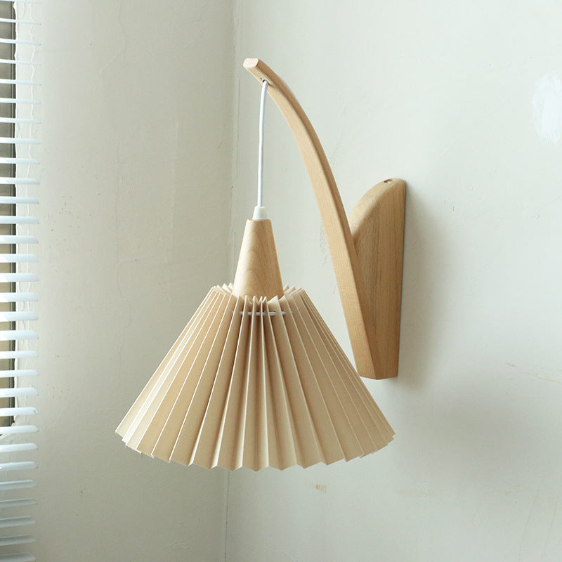 Bedroom Living Room Solid Wood Vintage Pleated Wall Lamp