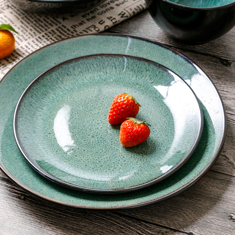 Deep Blue Green Vintage Ceramic Kiln Glazed Stoneware Pottery Plates