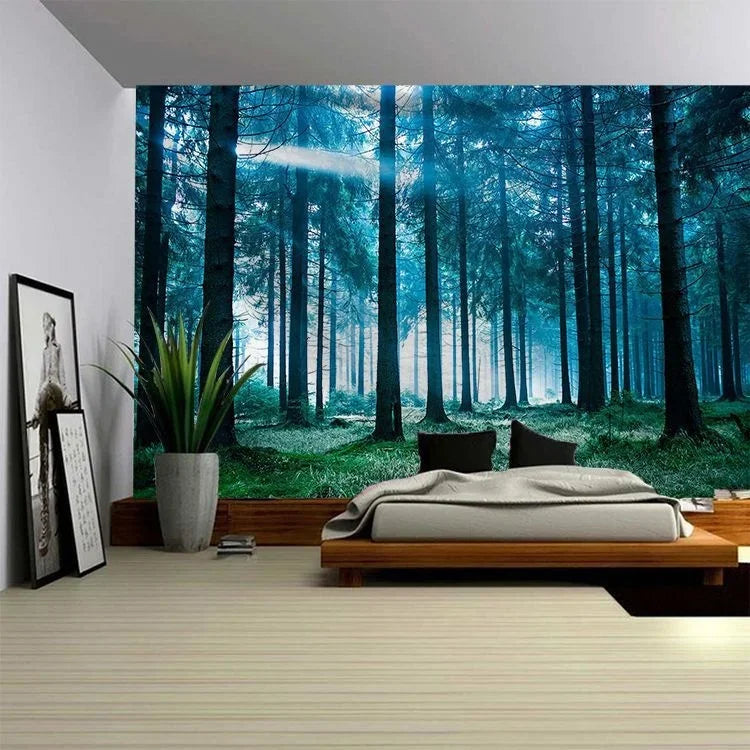 3D Forest Tree Tapestry Wall Hanging Nature Scene Tapestries Sunlight Evergreen Plant Leaves Outdoor Landscape Home Room Decor