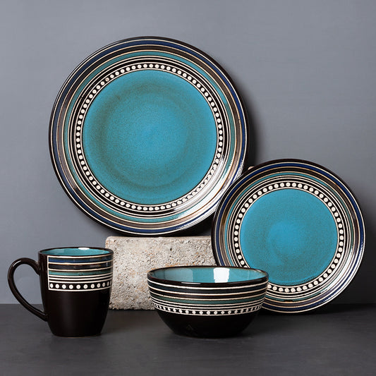 Southwestern Blue Turquoise Retro Stoneware Pottery Dinnerware Set