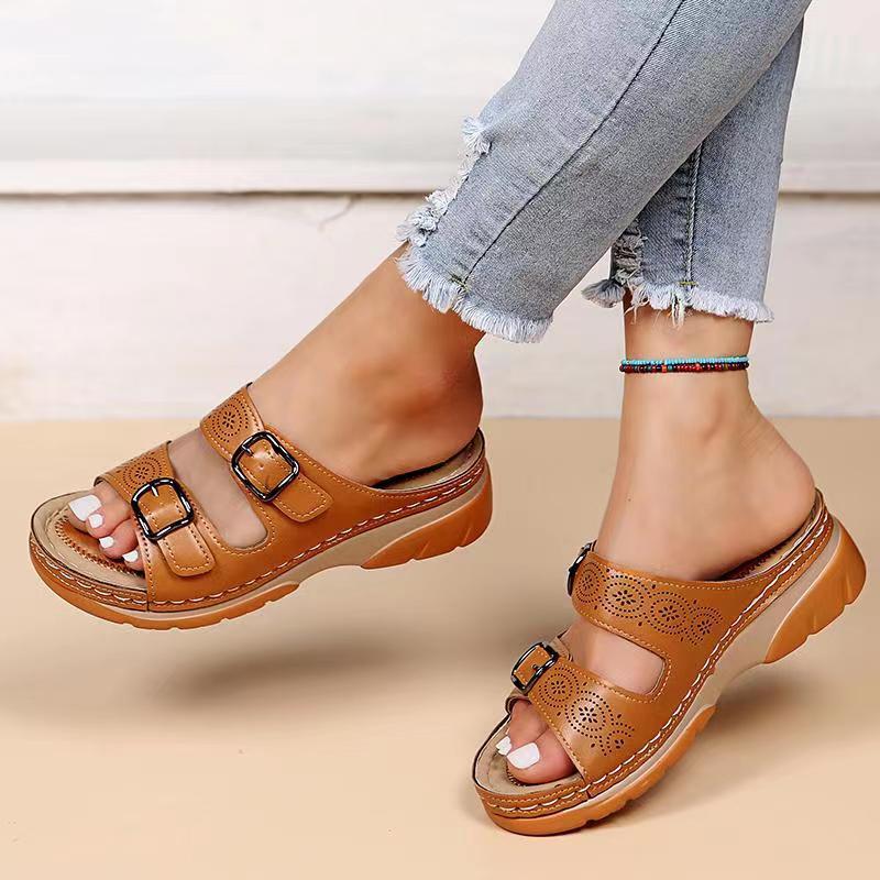 Double Buckle Slippers Women Flat Sandals Summer