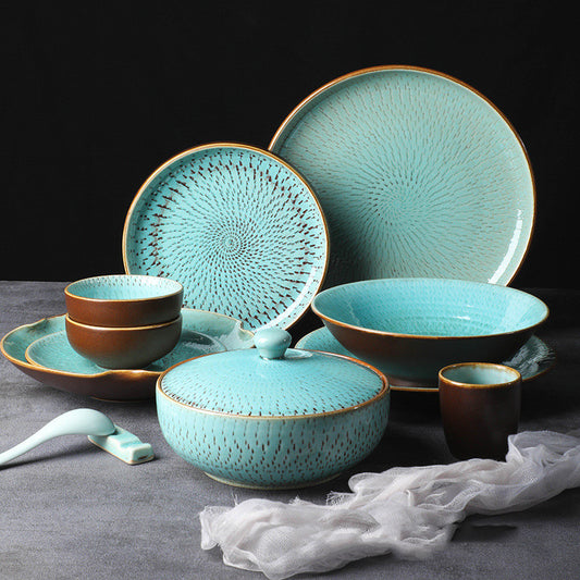 Clay Fired Southwestern Mexican Turquoise Stoneware Dinnerware Set