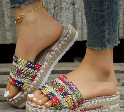 Ethnic Style Slippers Women Summer Sandals Thick Bottomed Fish Mouth Hemp Rope Candy Colored Slippers Beach Shoes