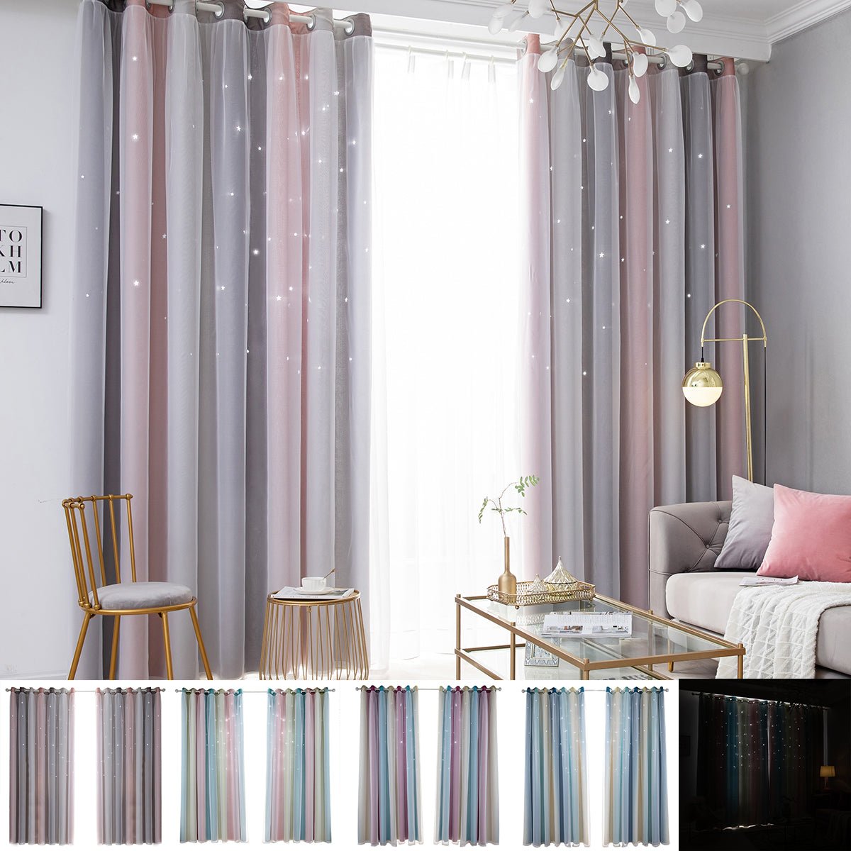 Home Textile Curtain Gradient Drapes Double-Layer Yarn Hollow-Out Star Panel Ombre Eyelet Cut Out Overlay Window Curtain D30 | Decor Gifts and More