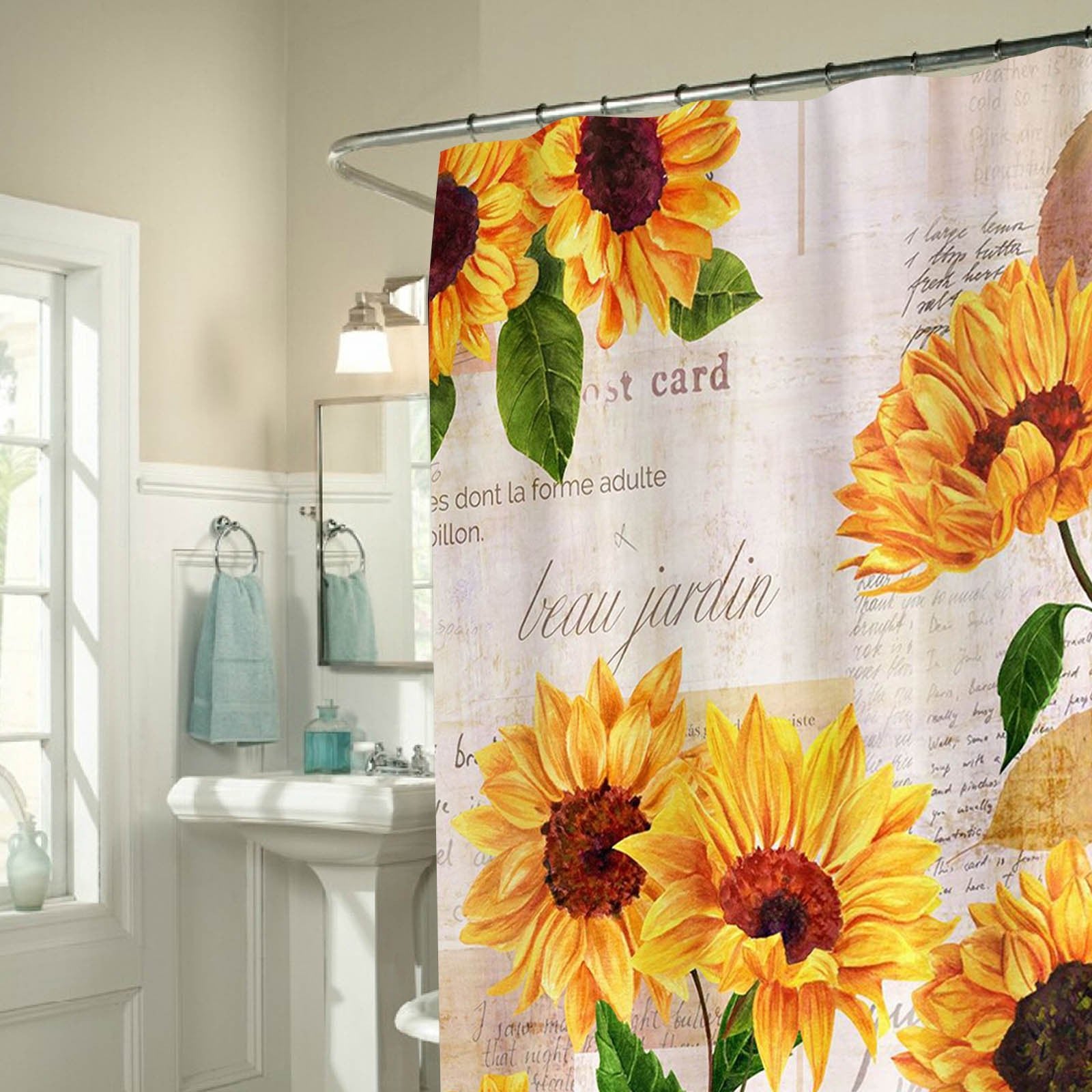 High Quality Heavy Duty Waterproof Fabric Sunflower Shower Curtain Set With Hooks 70x70 Inches - Home Decor Gifts and More