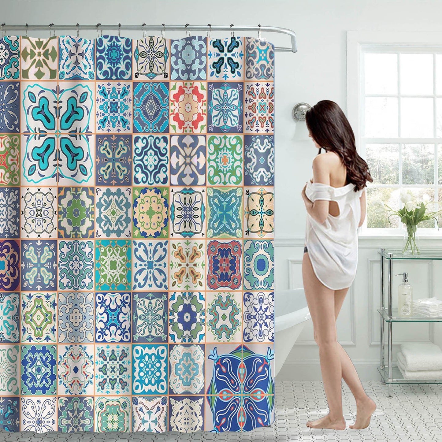 Deluxe Colorful Bohemian Tile Deluxe Fabric Shower Curtain 70x70 Inches - Home Decor Gifts and More