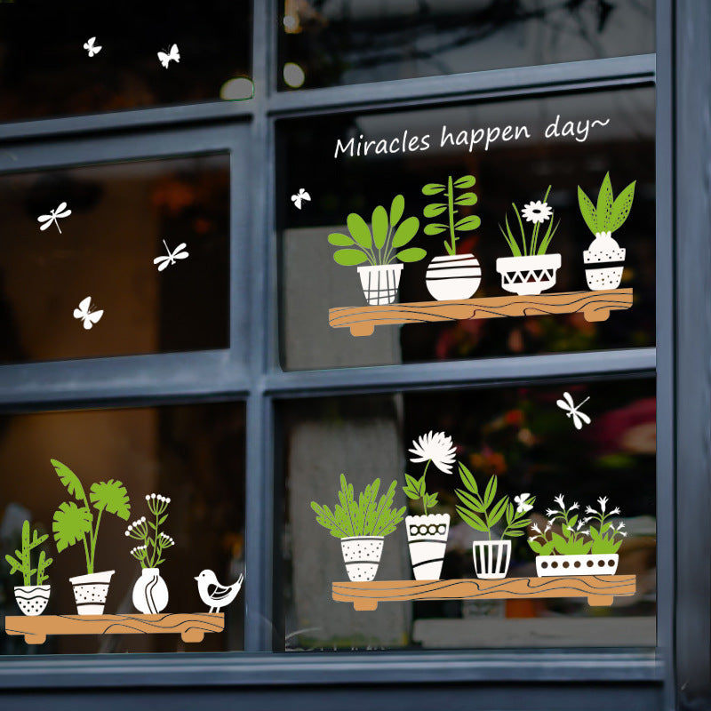 Plant Potted Shop Glass Door Window Cafe Decoration Waterproof Wall Stickers | Decor Gifts and More