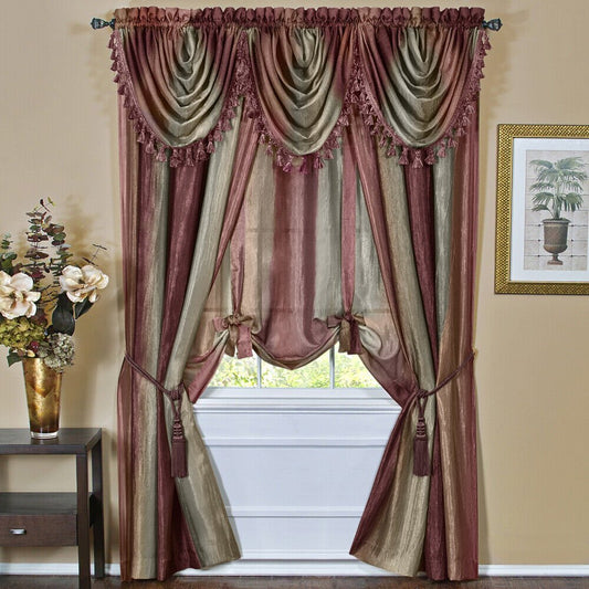 Burgundy Striped Modern Semi-Sheer Light Filtering Window Curtain Drape Set | Decor Gifts and More