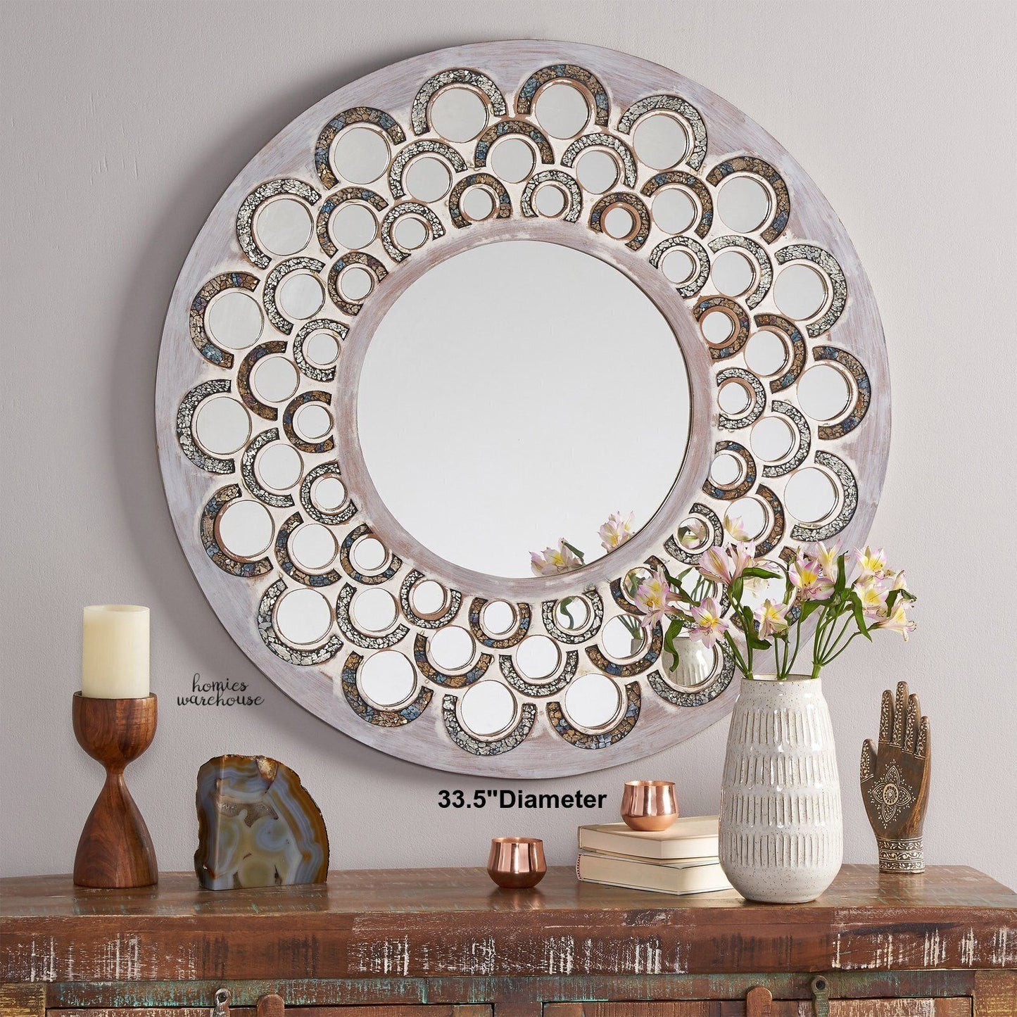 Large Round Wall Mirror Distressed Wood Frame w/Stained Glass Circles Glam Decor - Home Decor Gifts and More