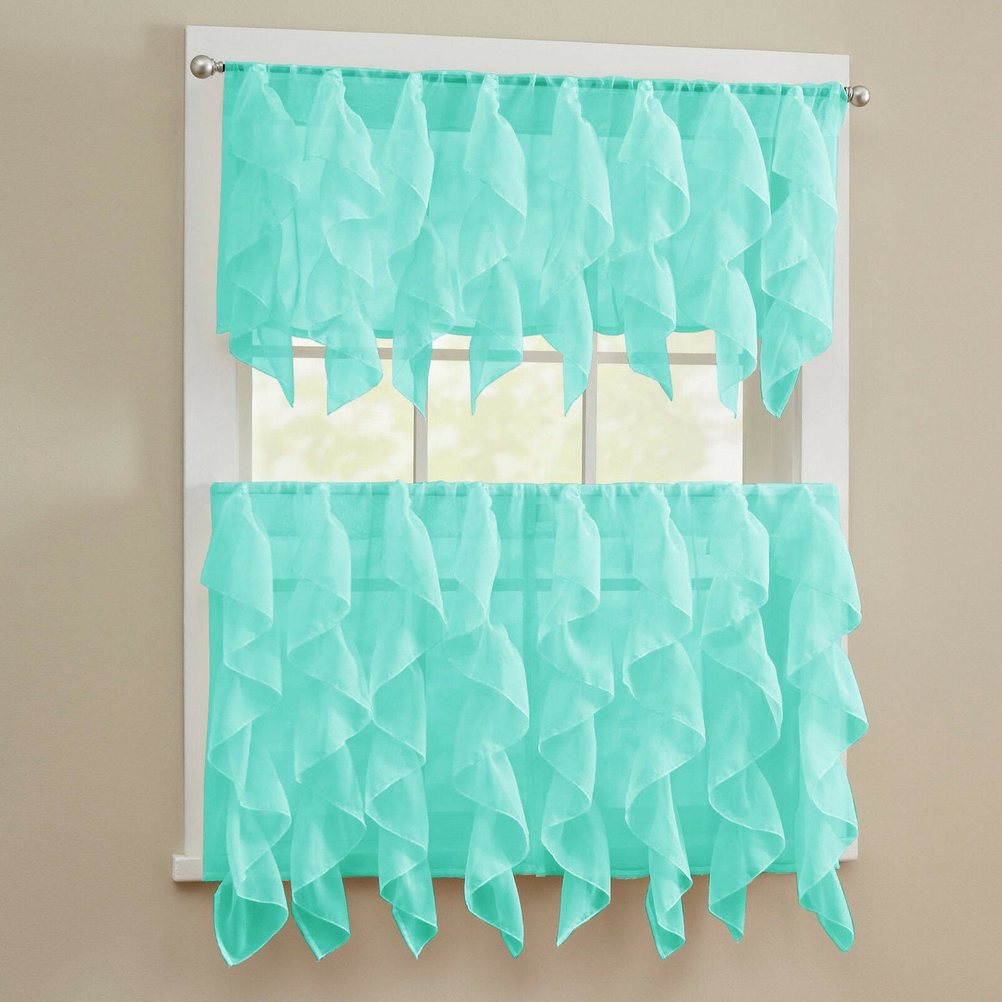 Seafoam Green Sheer Voile Vertical Ruffle Window Kitchen Curtain Tiers or Valance | Decor Gifts and More